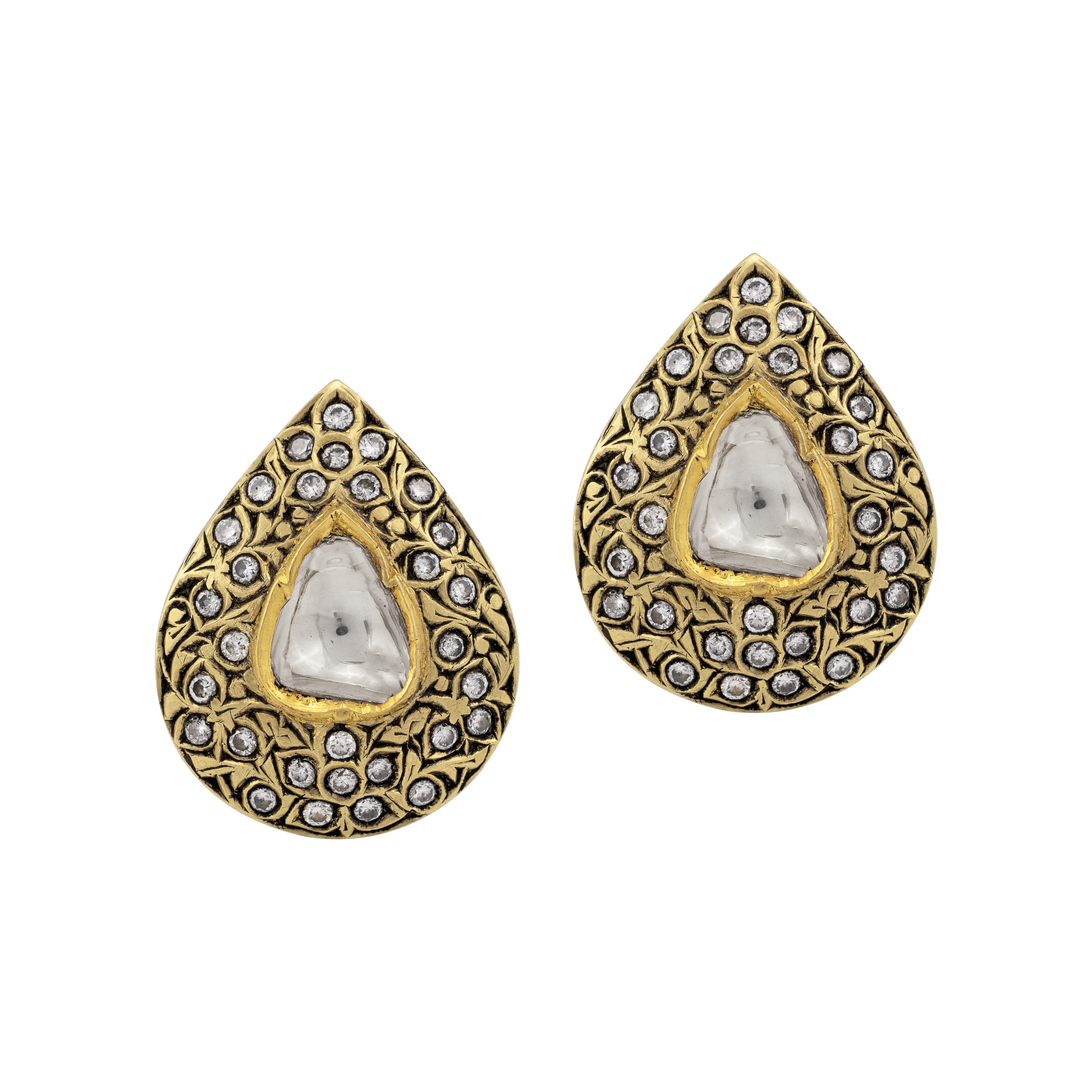 Teardrop Polki Studs with Partash Gold Detailing